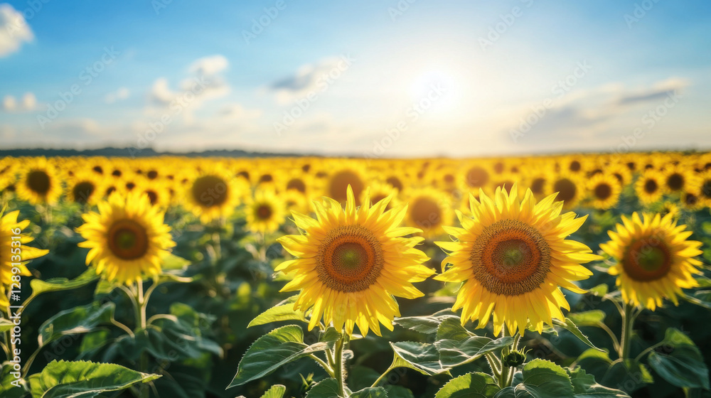 Fototapeta premium vast field of sunflowers stretches into horizon under bright blue sky, with sun casting warm glow over vibrant yellow blooms, creating serene and dreamy landscape