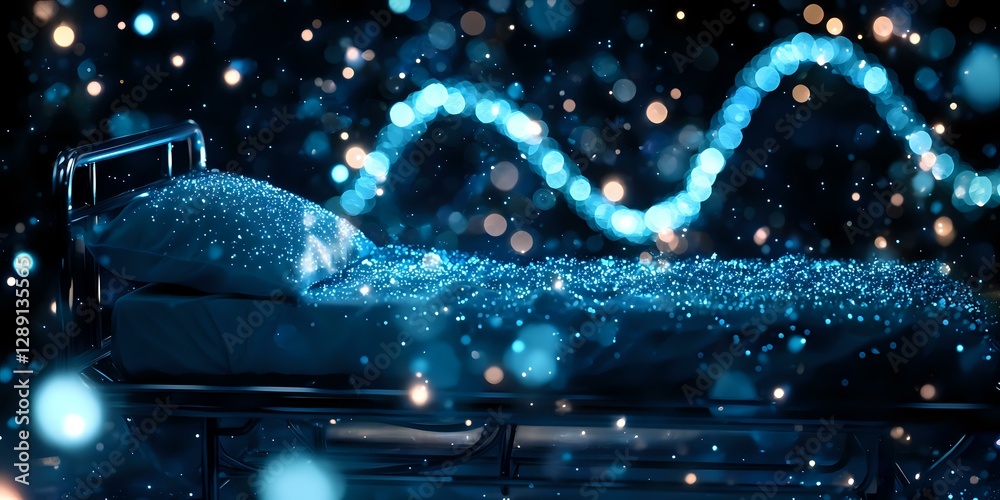 Naklejka premium Magical night scene with glowing blue particles flowing from open book creating ethereal wave pattern against dark background with sparkling bokeh lights.