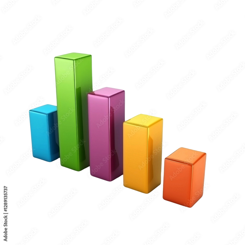 Colorful 3D bar graph representing data growth, showcasing vibrant green, purple, yellow, orange, and blue bars. Ideal for business presentations and analytics Colorful 3D bar graph representing data growth, showcasing vibrant green, purple, yellow, orange, and blue bars. Ideal for business presentations and analytics