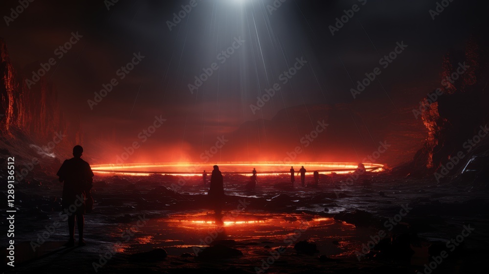 Fototapeta premium Silhouettes by a glowing, mysterious red ring under ominous skies.