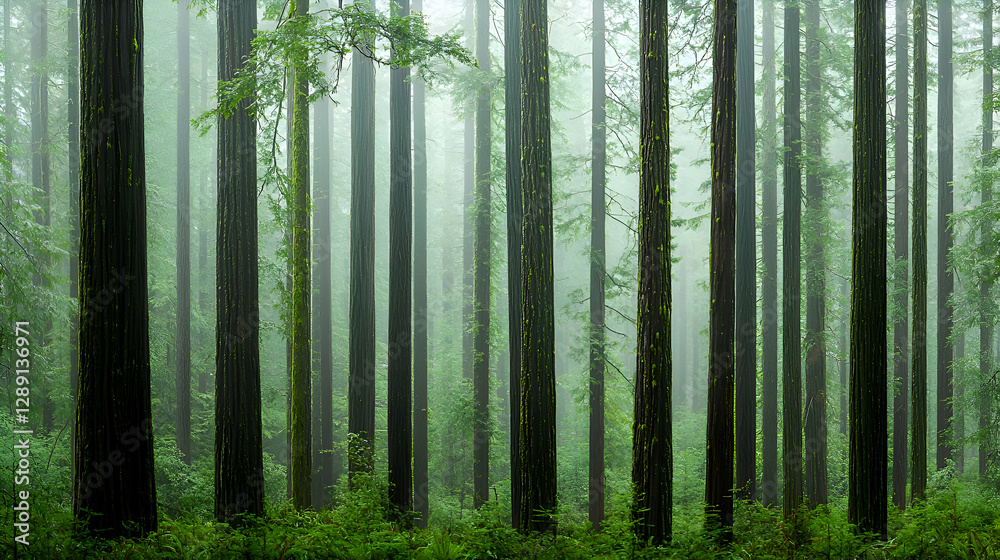 Fototapeta premium Enchanted Forest with Fog and Glowing Lights