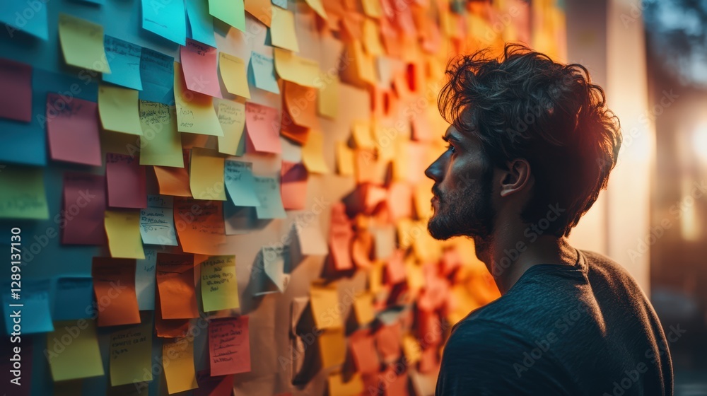 Person standing in front of a wall covered in colorful sticky notes, deep in thought while organizing and planning ideas. Person standing in front of a wall covered in colorful sticky notes, deep in thought while organizing and planning ideas.