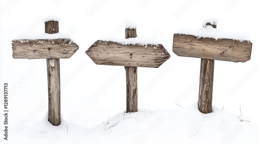 Naklejka premium old wooden sign signposts in snow isolated on white background