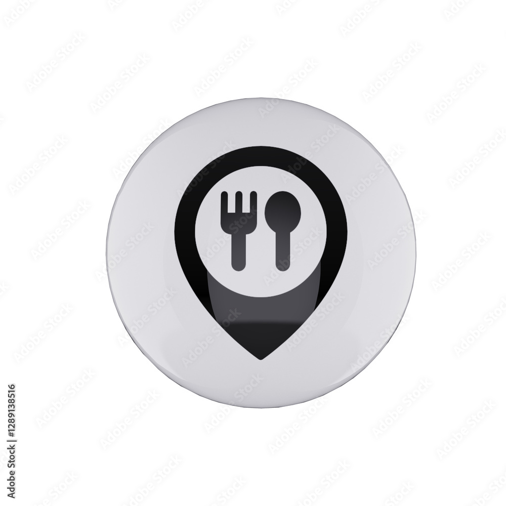 3D glass icon of restaurant on map pin it, in transparent 3D glass icon of restaurant on map pin it, in transparent