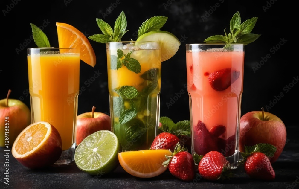 A selection of freshly squeezed juices on a dark background A selection of freshly squeezed juices on a dark background