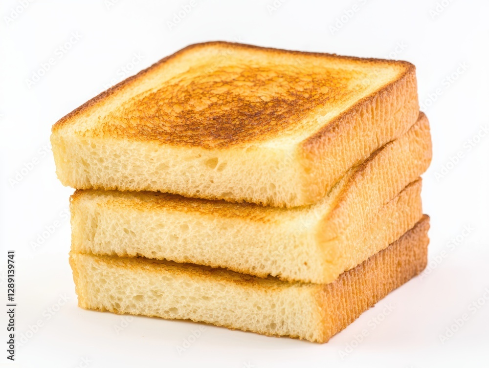 Simple and classic toasted bread with a crunchy golden surface, neatly layered, set against a clean white background for a minimalist style Simple and classic toasted bread with a crunchy golden surface, neatly layered, set against a clean white background for a minimalist style