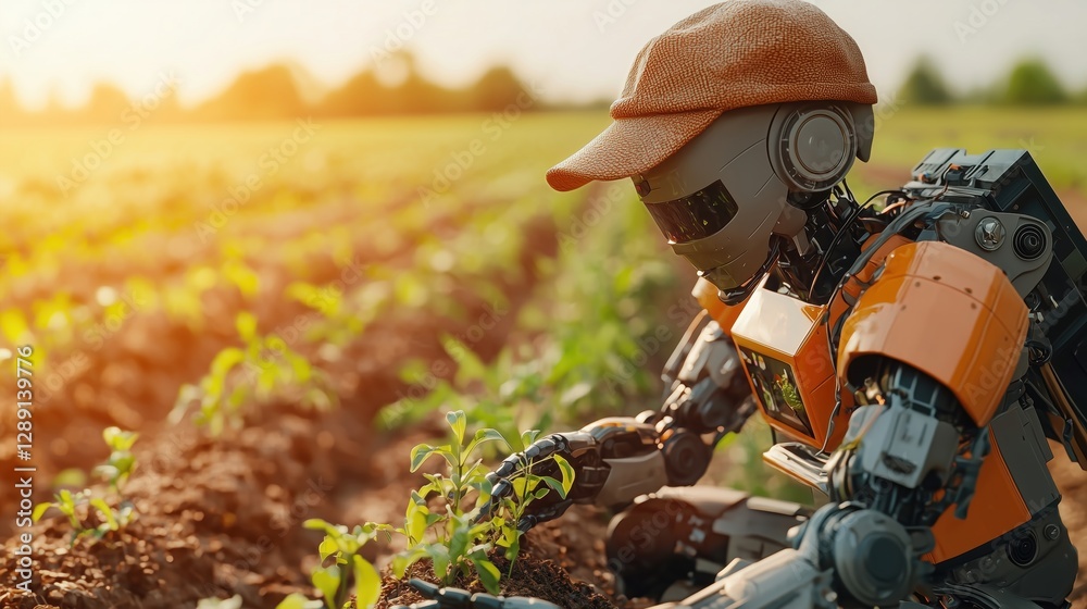 Humanoid AI Robots Planting Seedlings in Lush Fields Humanoid AI Robots Planting Seedlings in Lush Fields