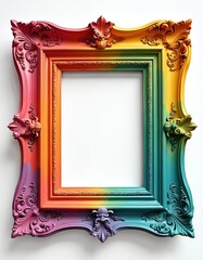 Colorful rainbow antique baroque picture frame on white background. Isolated ornate textured border decor with gilded details for photo gallery wall, museum exhibition or retro vintage design.