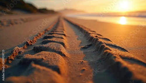 Wheel tracks stretch along sandy beach towards sunset over sea. Tire imprints pattern on sand, path to horizon in natural landscape. Car or truck trail marks the golden hour light.