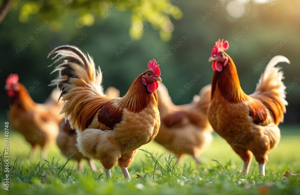 Fototapeta premium Rooster and chickens grazing on farmyard grass. Poultry birds roam freely in rural setting. Domestic animals in natural environment. Chickens, hens, cockerel in farm. Sunny day on farm.