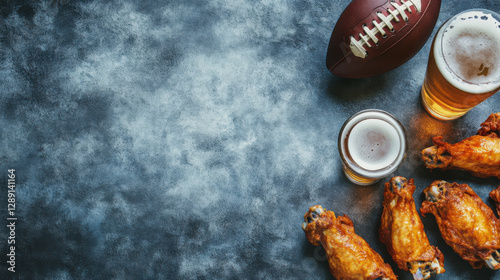 A vibrant display of football snacks featuring crispy chicken wings, cold beers, and a football, perfect for game day.