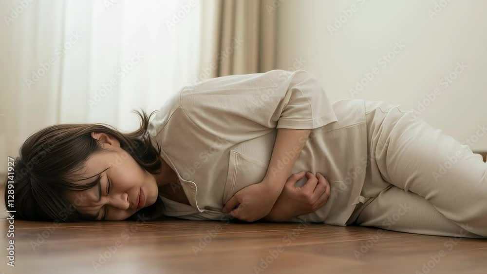 腹痛の痛みで自宅の床に倒れこむ女性