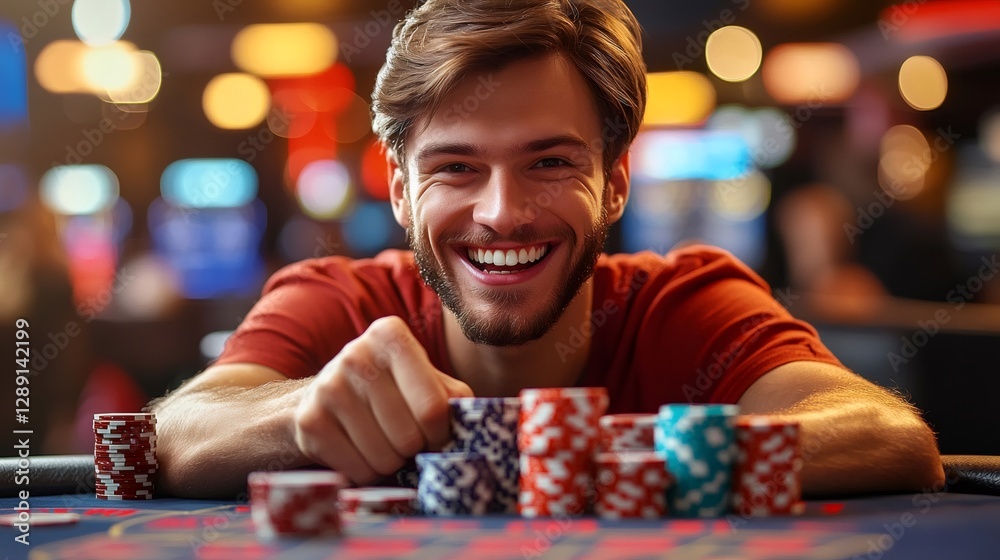 Happy gambler winning poker chips in a casino