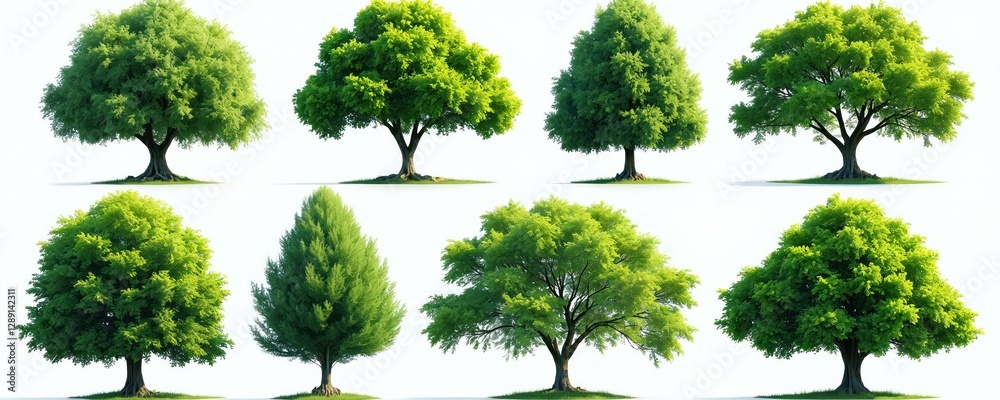 Fototapeta premium Aerial view of lush green trees of diverse shapes, sizes, isolated on transparent png background. Flora showcase isolated cutout of native deciduous tree garden with scenic topview.