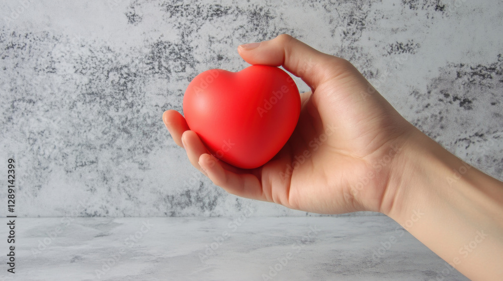 hand gently holds red heart shaped stress ball against textured gray background, symbolizing care and relaxation