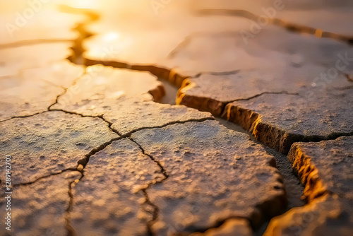Close-up of cracked earth at sunset, showcasing drought.