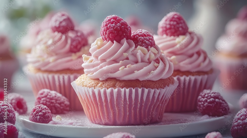 Delicious raspberry cupcakes with pink frosting and white chocolate shavings Delicious raspberry cupcakes with pink frosting and white chocolate shavings
