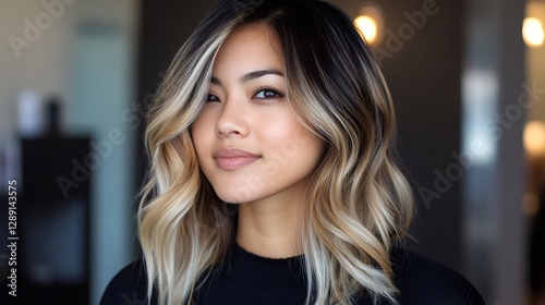 Smiling woman showing trendy balayage hair color