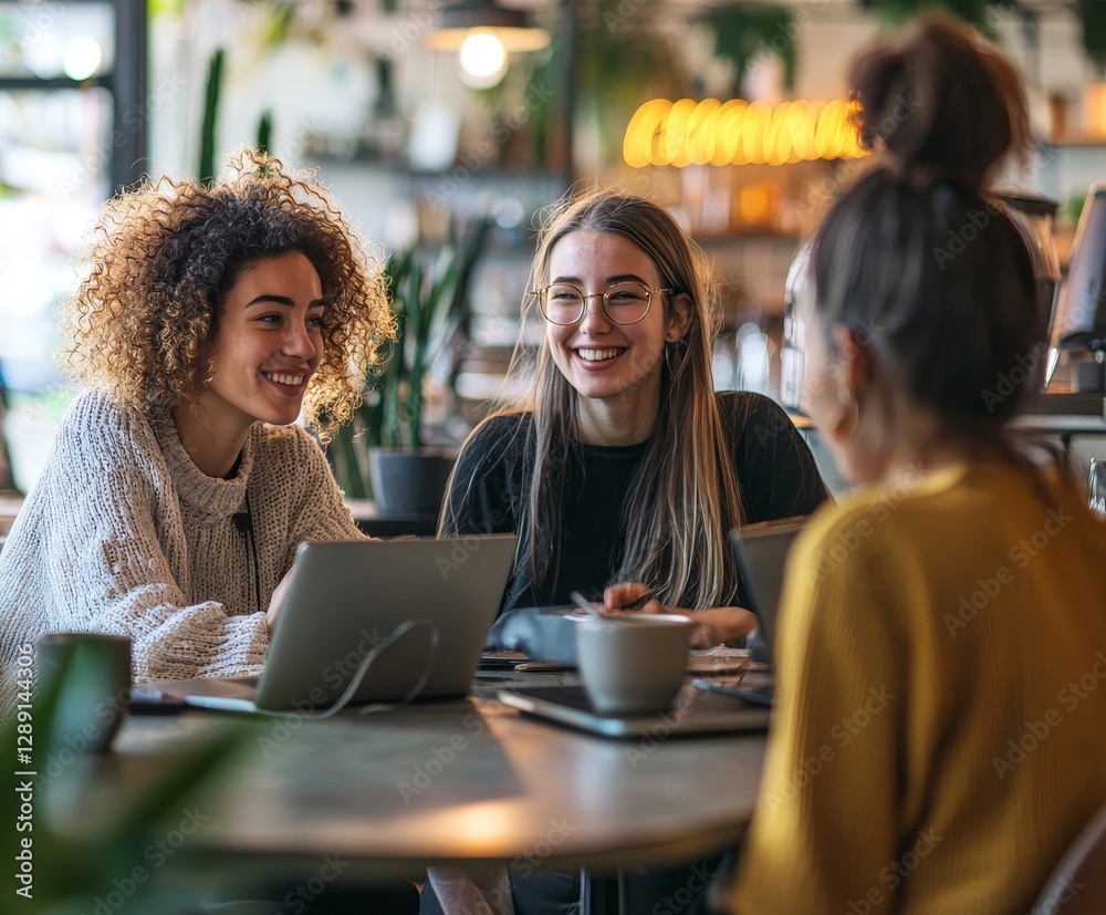 Fototapeta premium Friendship & Laughter: Three diverse young women are engrossed in a lively conversation at a cozy cafe, enjoying coffee and connecting