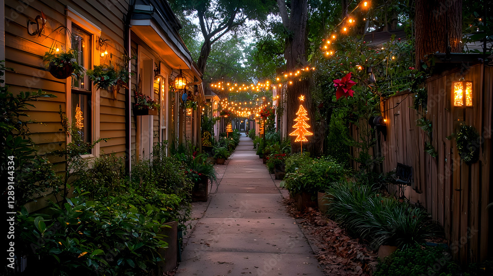 Fototapeta premium Snowfall on a Charming Christmas Alley at Night