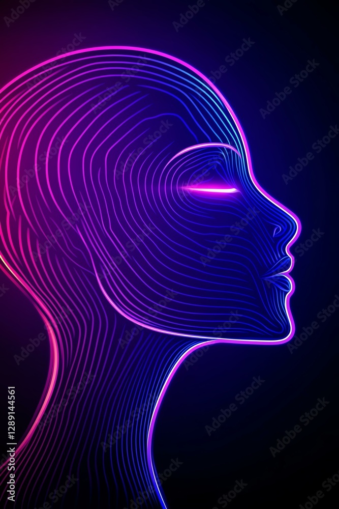Obraz premium AI robotic icon flat art design Neon-lit abstract silhouette of a face.