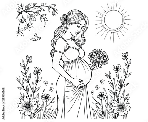 Pregnant Mom in Serene Garden coloring page