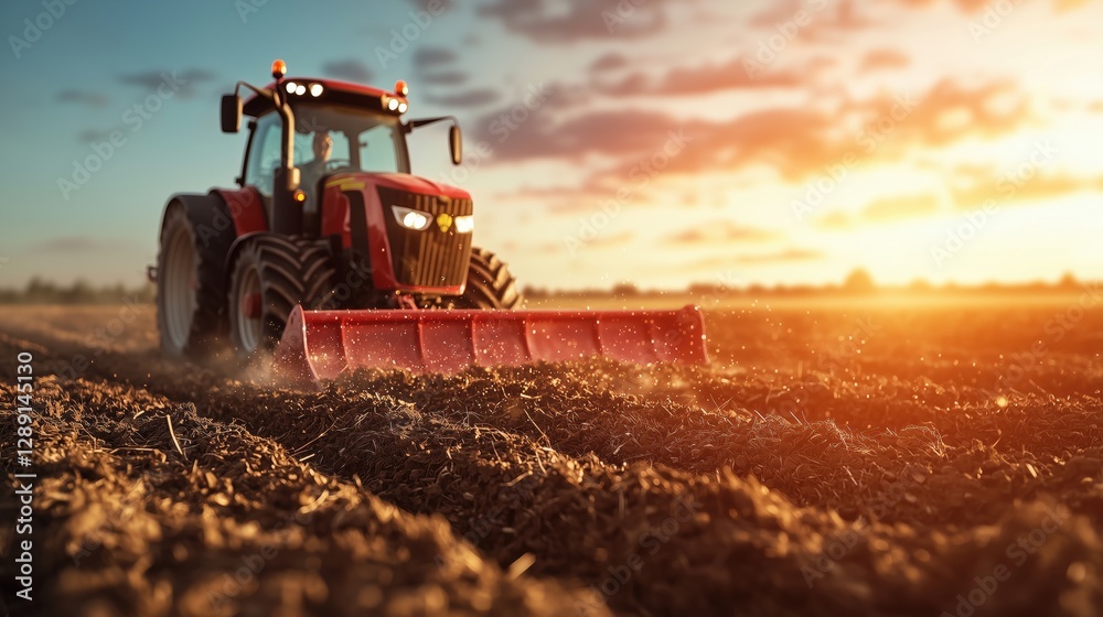 Fototapeta premium Tractors Working the Land at Dawn with Stunning Mist