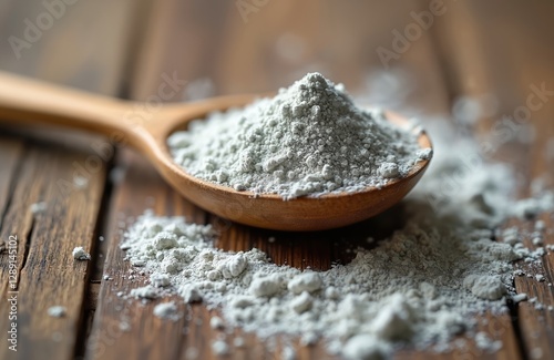 Close-up shot of loose zinc powder in wooden spoon on textured rustic tabletop. Culinary photography featuring cooking food ingredient for homemade bakery dough pastry preparation.