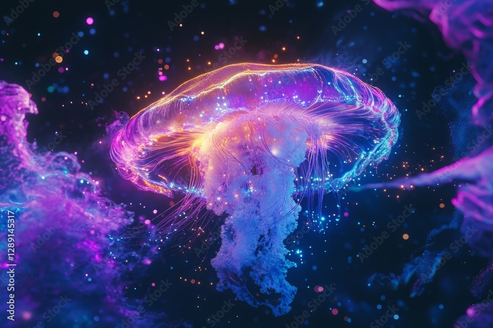 Naklejka premium Vibrant Neon Jellyfish Illuminated in an Abstract Ocean Scene