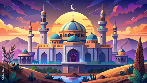 Magnificent Abuja National Mosque, Nigeria A Stunning Display of Islamic Architecture at Twilight.