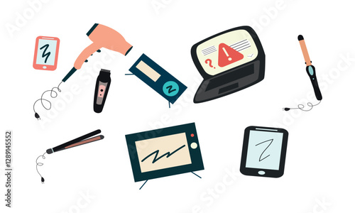 E-waste electrical and electronic equipment pile. Computer and home electronic waste stack. Trash, recycling, ecology. Vector illustration in flat style