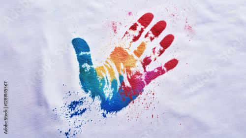 vibrant handprint made with colorful Holi powders on white background, showcasing spectrum of colors and festive spirit