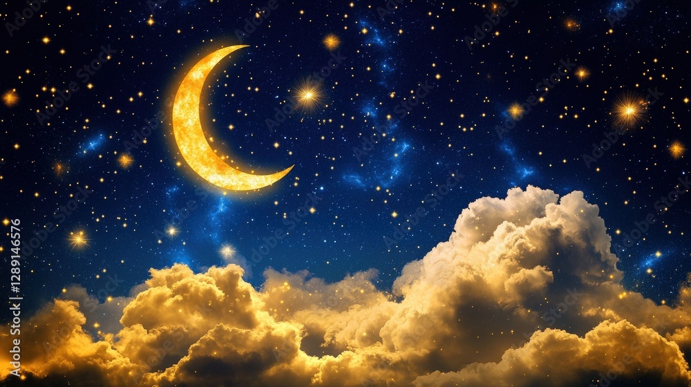Fototapeta premium Night Sky with Bright Moon and Twinkling Stars Overclouds