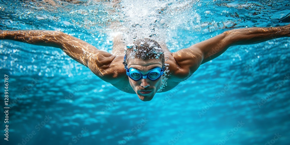 Fototapeta premium Underwater Dive: An athlete with goggles and cap gracefully cuts through the water