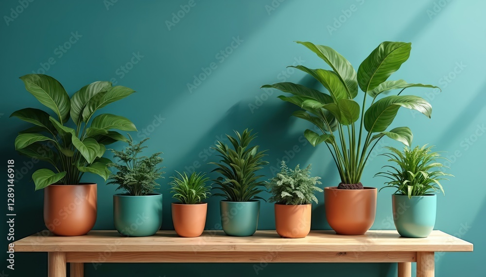 Indoor plants collection arranged on wooden table, shelf against teal blue wall. Plants of various sizes, shapes, colors featuring broad leaves in pot. Green plants brings nature inside. Houseplants Indoor plants collection arranged on wooden table, shelf against teal blue wall. Plants of various sizes, shapes, colors featuring broad leaves in pot. Green plants brings nature inside. Houseplants