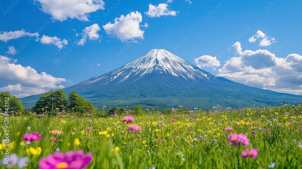 Obraz premium Beautiful frontal shot of Mt. Fuji during the spring season, with lush green fields and colorful wildflowers framing the base of the mountain.