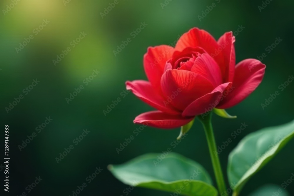 An elegant red bloom emerging from a green leaf stem, botanical, nature, garden elements An elegant red bloom emerging from a green leaf stem, botanical, nature, garden elements