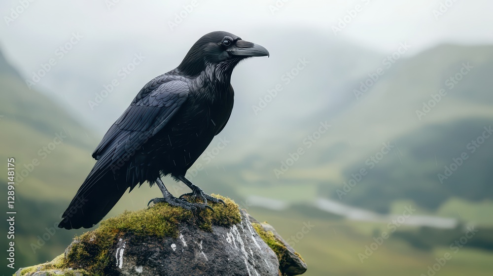 Raven Perched on Ancient Castle Overlooking Misty Landscape Raven Perched on Ancient Castle Overlooking Misty Landscape