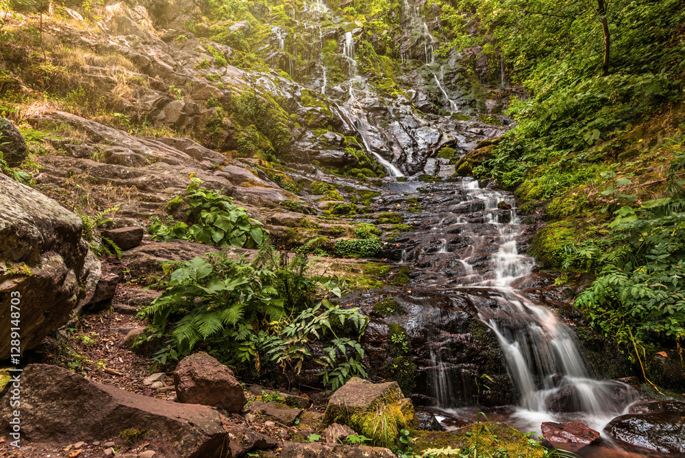 Pilj Waterfall Cascading down Rocks in Mountain Forest