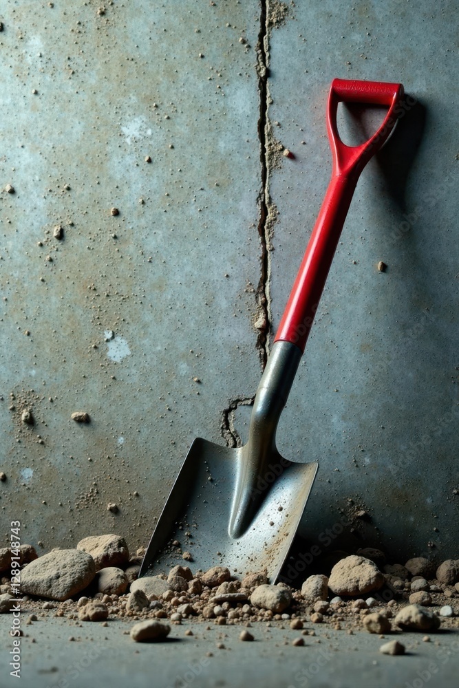 Shovel lies broken against rough concrete wall, shovel, wreckage, shattered Shovel lies broken against rough concrete wall, shovel, wreckage, shattered
