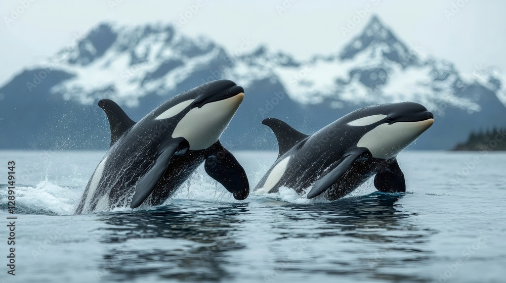 Fototapeta premium Two killer whales breaching in alaska's icy waters