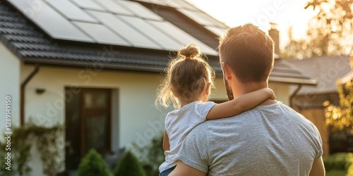 Solar Home Embrace: A father embraces his child as they gaze upon a house, symbolizing the future of green energy. The scene captures the warmth of the sun reflecting off the solar panels.