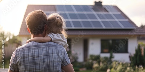 Solar Dream: A father carries his daughter towards a house with solar panels on the roof, symbolizing a sustainable future and family connection.