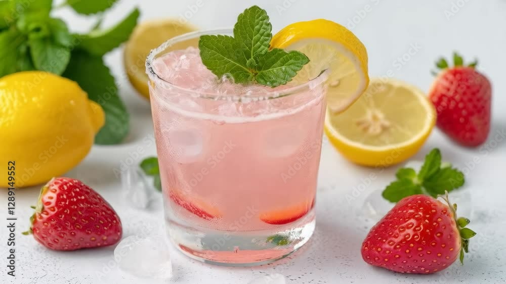 Refreshing pink drink with ice, strawberry, lemon and mint. Bright summer beverage still life. Refreshing pink drink with ice, strawberry, lemon and mint. Bright summer beverage still life.