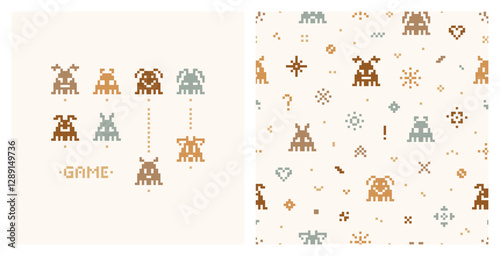 Kids Poster and Seamless Pattern of Retro Pixel Video Game Abstract Aliens Characters. Funny Space Monsters in Pixel Art Style. Old School Arcade Game Computer Graphic Design. Vector illustration