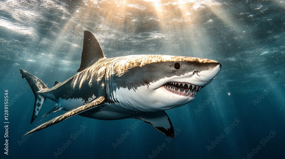 Fototapeta premium Great white shark swimming in sunlit ocean water