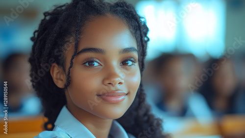 A photo of a Brazilian or African schoolgirl in a classroom.