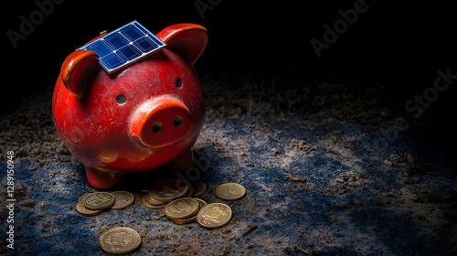 Solar Panel Equipped Piggy Bank Surrounded by Coins on Rustic Surface with Dark Background photo