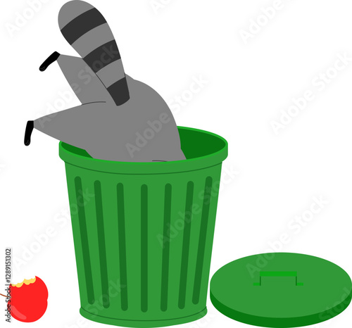 cute raccoon character cartoon digging through the trash for food illustration