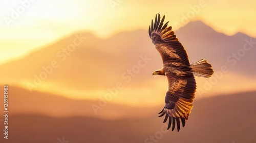Majestic Eagle Soaring Over Misty Mountains at Sunrise